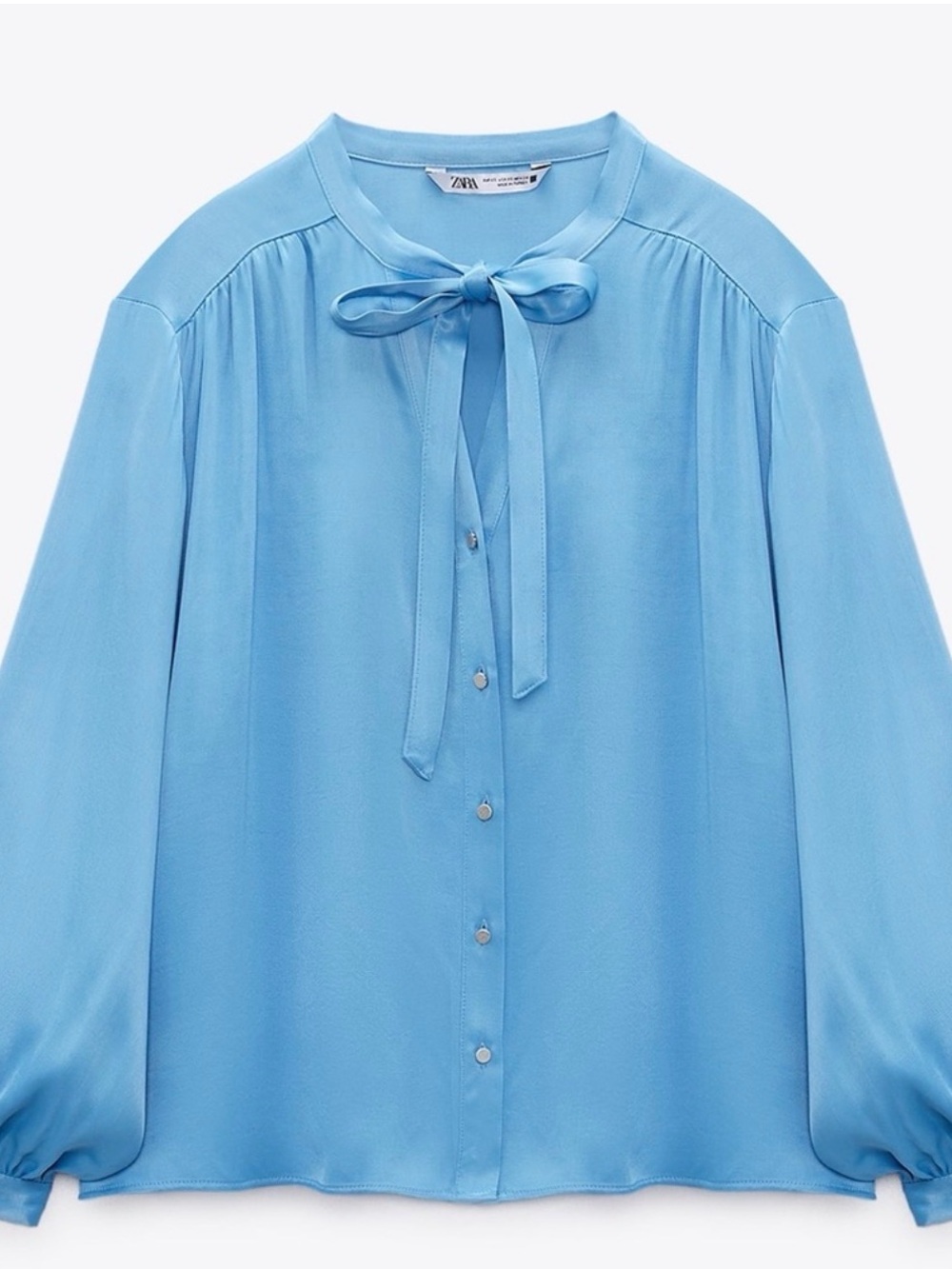 Zara Blue Satin Tie-Neck Blouse Balloon Sleeve Top